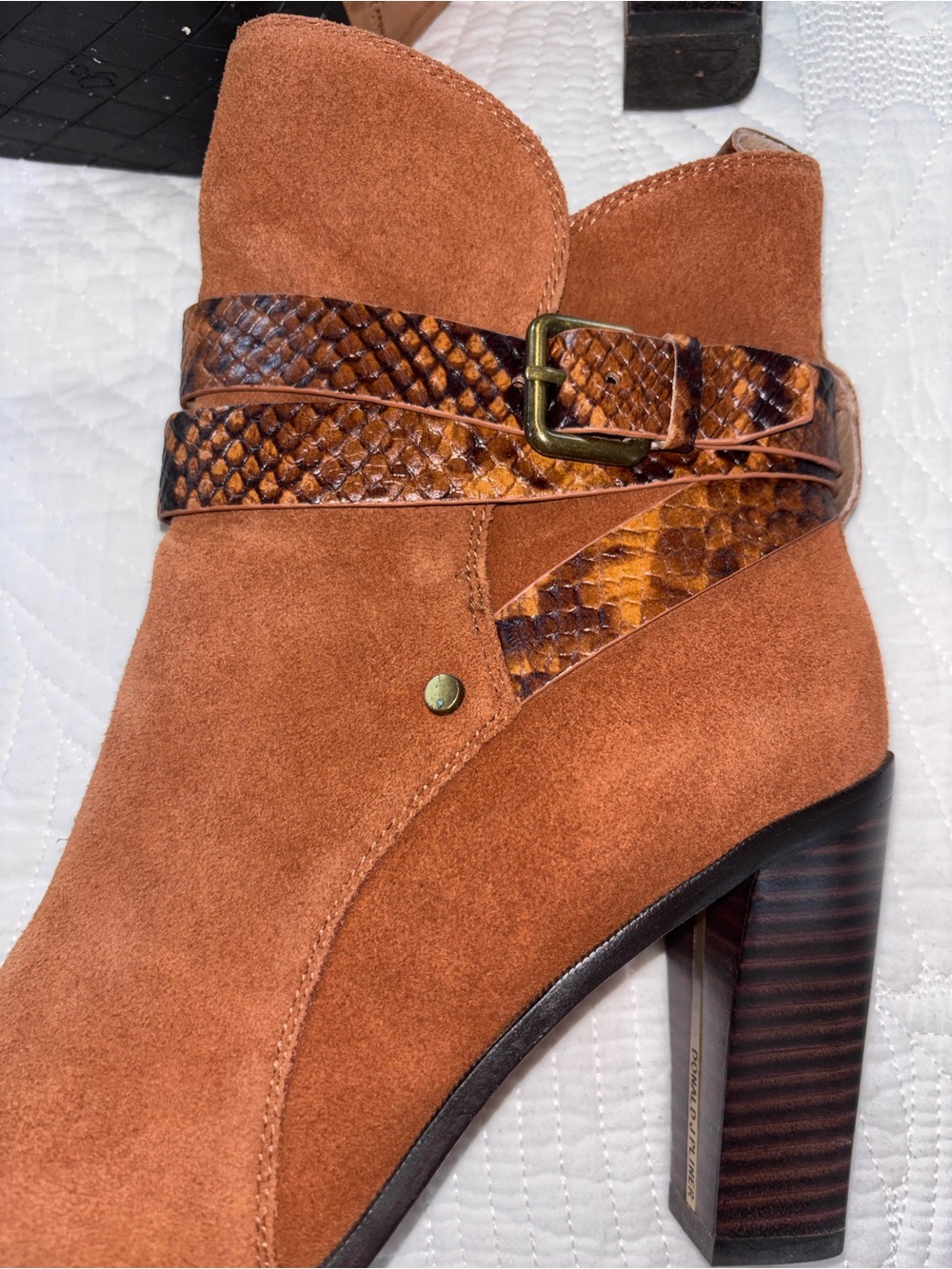 Donald J. Pliner Suede Ankle Boots in Rust with Snake-Print Strap - Picture 4 of 9